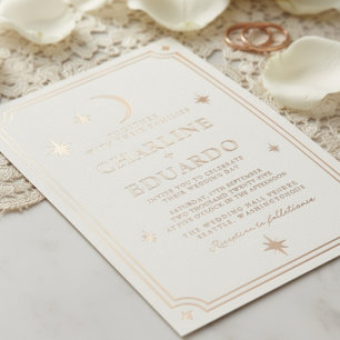 Invitación Con Relieve Metalizado Boda de oro de la firma celestial de estrellas de 