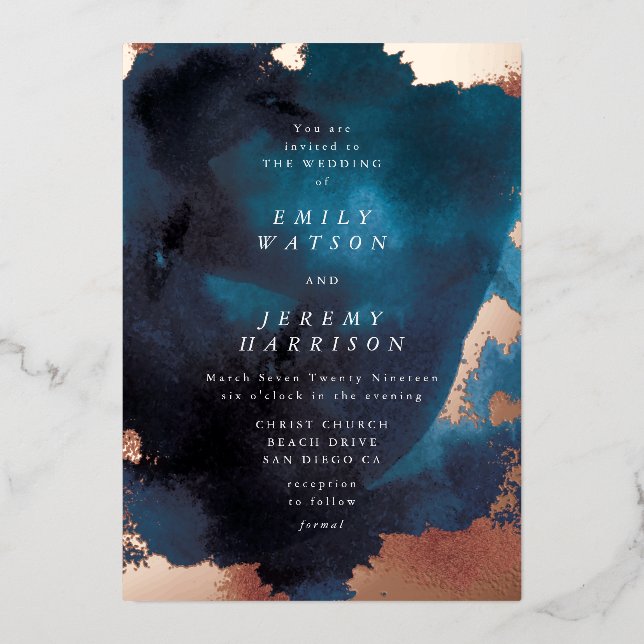 Invitación Con Relieve Metalizado Boda de oro de la Marina Azul Moody Rosa (Anverso )