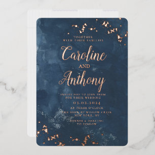 Invitación Con Relieve Metalizado Boda de oro de la Marina Azul Starry de color azul