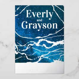 Invitación Con Relieve Metalizado Boda de oro de mármol de galaxia azul