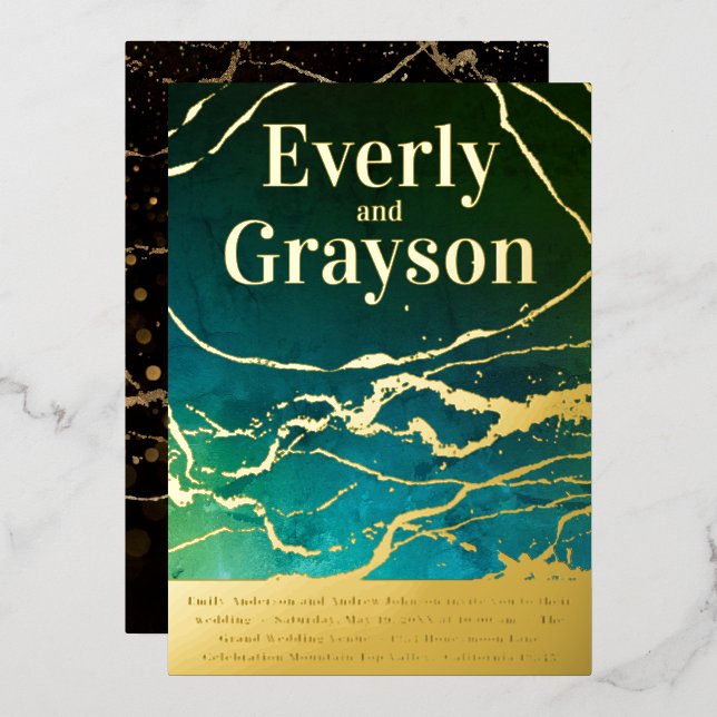 Invitación Con Relieve Metalizado Boda de oro de mármol del cielo azul verde (Anverso/Reverso)