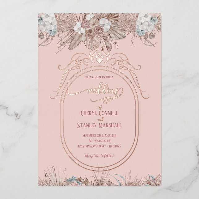 Invitación Con Relieve Metalizado boda de oro de rosa floral boho (Anverso)