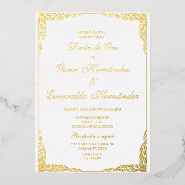 Invitación Con Relieve Metalizado Boda de oro elegante editable (Anverso)