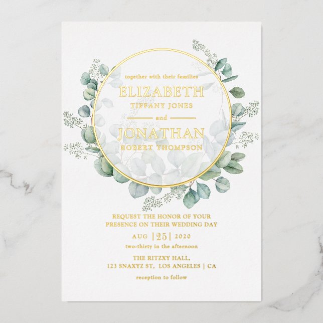 Invitación Con Relieve Metalizado Boda de oro geométrico Eucalyptus (Anverso)