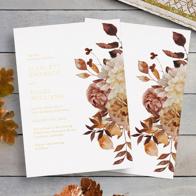 Invitación Con Relieve Metalizado Boda de oro moderno otoño (White Fall Terracotta Leaves Modern Gold Wedding Foil Invitation by Painted Paperie
)
