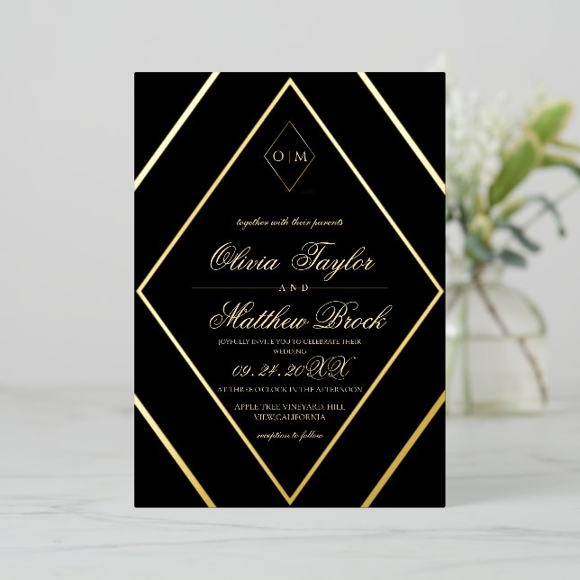 Invitación Con Relieve Metalizado Boda de oro negro de diamante moderno (Anverso de pie)