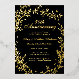 Invitación Con Relieve Metalizado Boda de Oro Negro Elegante Hoja 50 Aniversario de