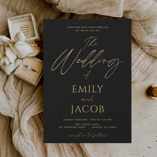 Invitación Con Relieve Metalizado Boda de oro negro tipografía moderna escritura Inv