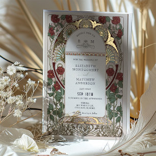 Invitación Con Relieve Metalizado Boda de oro rojo de Borgoña Art Nouveau Vintage