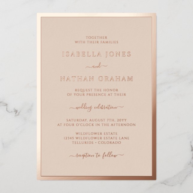 Invitación Con Relieve Metalizado Boda de oro rosa (Anverso)