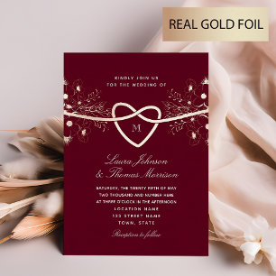 Invitación Con Relieve Metalizado Boda de oro rosa floral dorado Borgoña