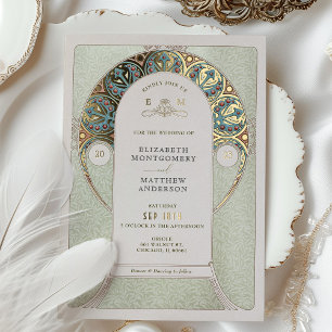 Invitación Con Relieve Metalizado Boda de oro verde Art Nouveau Art Deco Mucha
