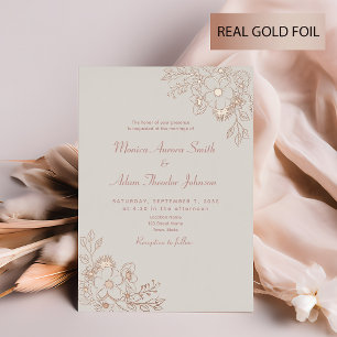 Invitación Con Relieve Metalizado Boda de oro Vintage Floral Dusty Rosa