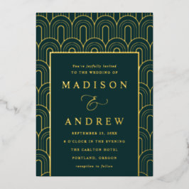 Invitación Con Relieve Metalizado Boda de oro y esmeralda en el arco moderno