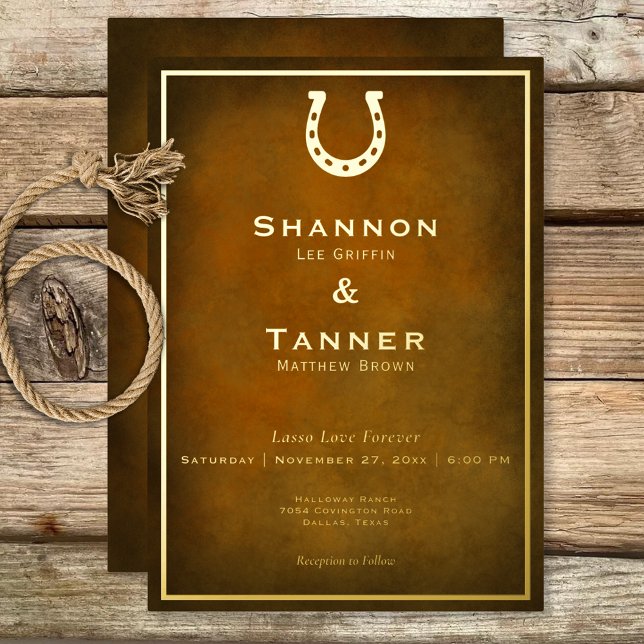 Invitación Con Relieve Metalizado Boda de Oro y Marrón Rústico Occidental (Western Rustic Horseshoe Brown & Gold Wedding Foil Invitation)