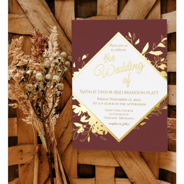 Invitación Con Relieve Metalizado Boda De Oro Y Rojo Borgoña (Subido por el creador)