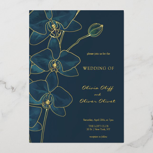 Invitación Con Relieve Metalizado Boda de orquídeas azules suaves (Anverso)