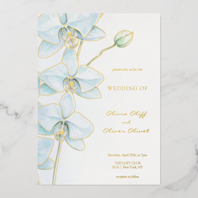 Invitación Con Relieve Metalizado Boda de orquídeas azules suaves (Anverso)