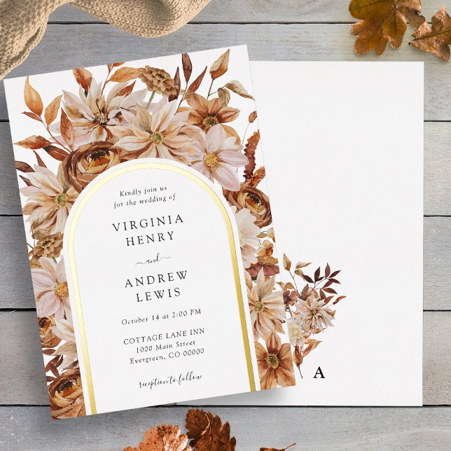 Invitación Con Relieve Metalizado Boda de otoño (White Fall Terracotta Floral Wedding Foil Invitation back Monogram by Painted Paperie
)