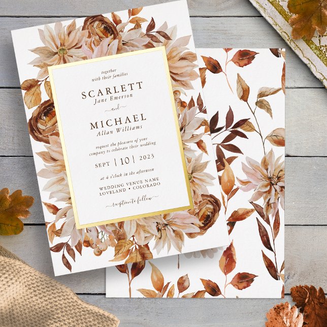 Invitación Con Relieve Metalizado Boda de otoño acuarela (White Watercolor Fall Leaves Wedding Foil Invitation by Painted Paperie
)