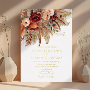 Invitación Con Relieve Metalizado Boda de Otoño con Florales de Terracota Borgoña y 