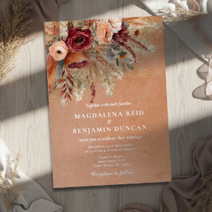 Invitación Con Relieve Metalizado Boda de otoño con flores de terracota de Borgoña y
