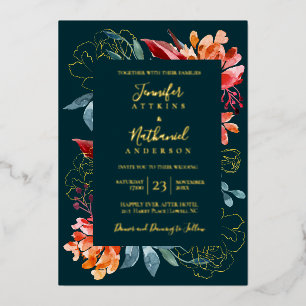 Invitación Con Relieve Metalizado Boda de otoño en naranja herrumbre y azul teal pro