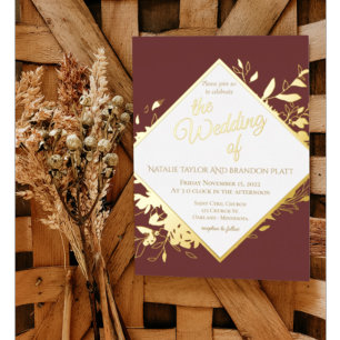 Invitación Con Relieve Metalizado Boda de otoño en rojo borgoña y dorado