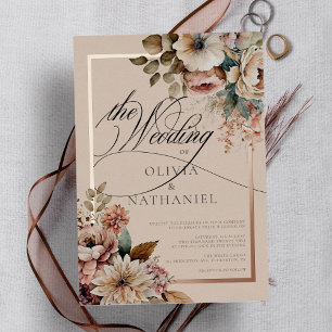 Invitación Con Relieve Metalizado Boda de Otoño Floral Acuarela Elegante