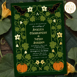 Invitación Con Relieve Metalizado Boda de otoño floral con murciélago gótico y calab