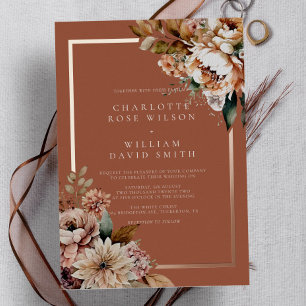 Invitación Con Relieve Metalizado Boda de Otoño Flores Acuarela Terracota Boho