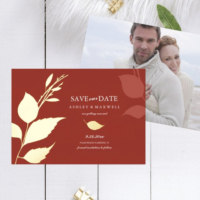 Invitación Con Relieve Metalizado Boda de Otoño Guárdala Fecha Hojas Naranjas (save the date orange wedding photo card)