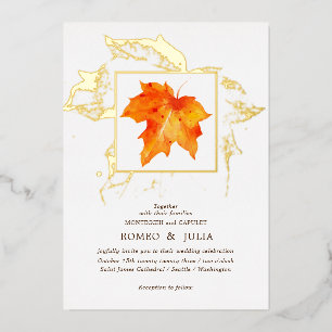Invitación Con Relieve Metalizado Boda de Otoño Hoja de Arce Acuarelada Naranja