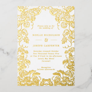 Invitación Con Relieve Metalizado Boda de Otoño Marco Dibujado de Calabaza y Hojas