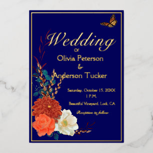 Invitación Con Relieve Metalizado Boda de Otoño Mariposa Monarca Floral Azul Marino
