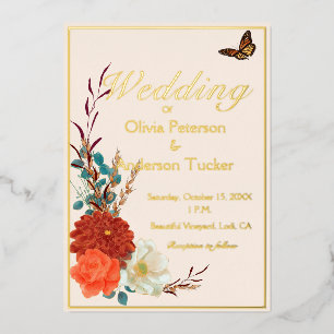 Invitación Con Relieve Metalizado Boda de Otoño Mariposa Monarca Floral Marfil