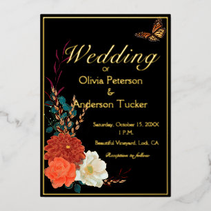 Invitación Con Relieve Metalizado Boda de Otoño Mariposa Monarca Floral Negra