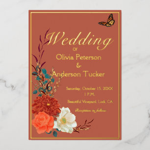 Invitación Con Relieve Metalizado Boda de Otoño Mariposa Monarca Floral Terracota
