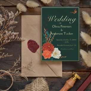 Invitación Con Relieve Metalizado Boda de Otoño Mariposa Monarca Floral Verde Bosque