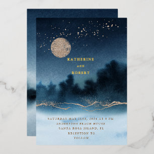 Invitación Con Relieve Metalizado Boda de paisaje acuarela nocturna azul