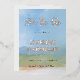 Invitación Con Relieve Metalizado Boda de paisaje pintado con cielo azul Save The Da