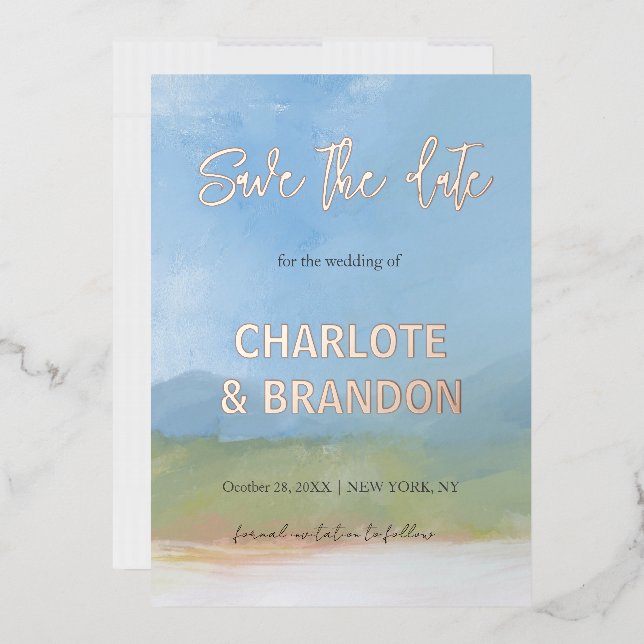 Invitación Con Relieve Metalizado Boda de paisaje pintado con cielo azul Save The Da (Sobre)
