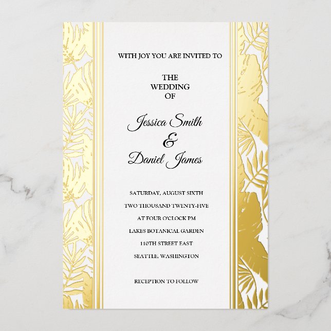 Invitación Con Relieve Metalizado Boda de palmas tropicales (Anverso)