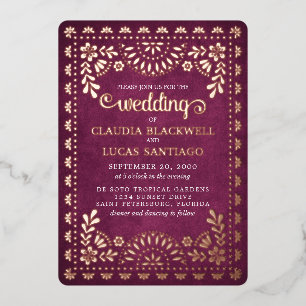Invitación Con Relieve Metalizado Boda de Papel Picado Borgoña