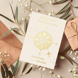 Invitación Con Relieve Metalizado Boda de pasaporte de destino moderno negro y dorad