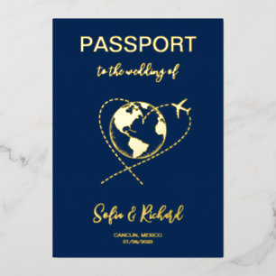 Invitación Con Relieve Metalizado Boda de pasaporte Destino Oro Mundo Relieve metali