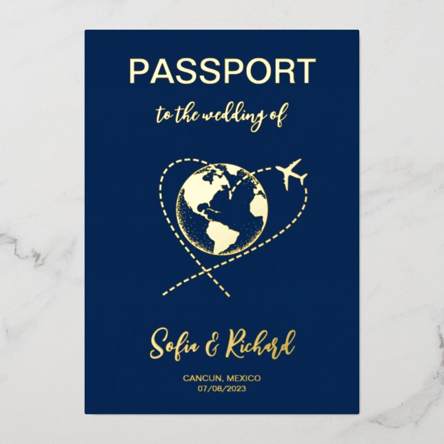 Invitación Con Relieve Metalizado Boda de pasaporte Destino Oro Mundo Relieve metali (Anverso)