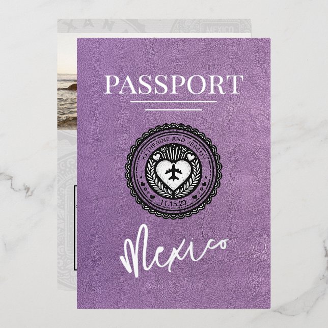 Invitación Con Relieve Metalizado Boda de Pasaportes de Lavender México (Anverso/Reverso)