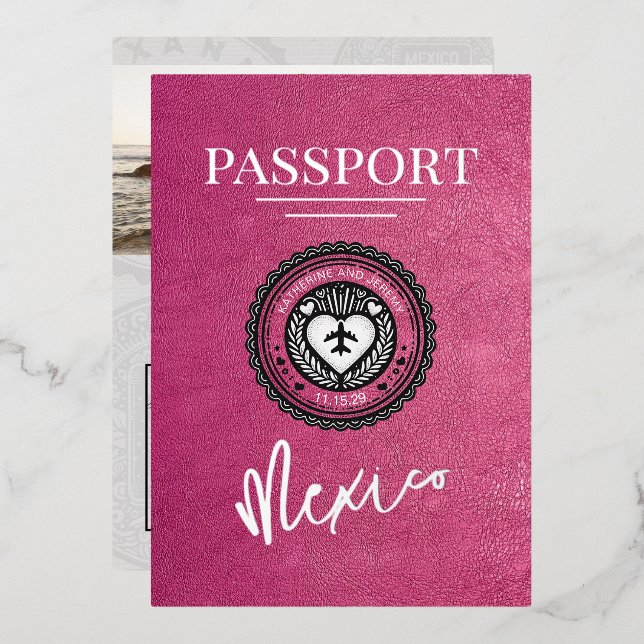 Invitación Con Relieve Metalizado Boda de pasaportes de Magenta México (Anverso/Reverso)