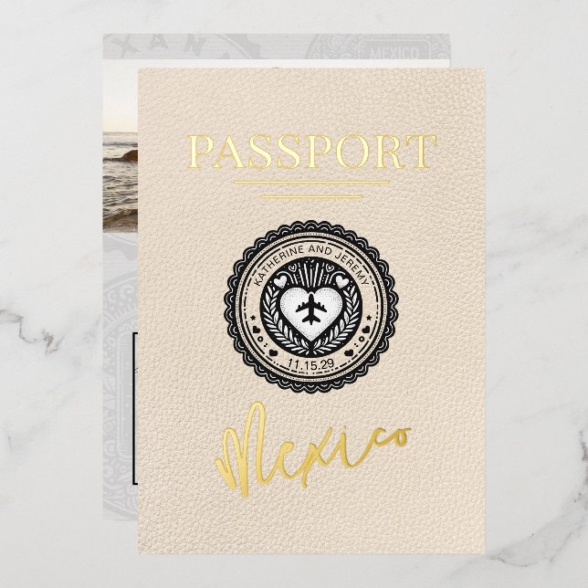 Invitación Con Relieve Metalizado Boda de Passport de Ivory Mexico (Anverso/Reverso)